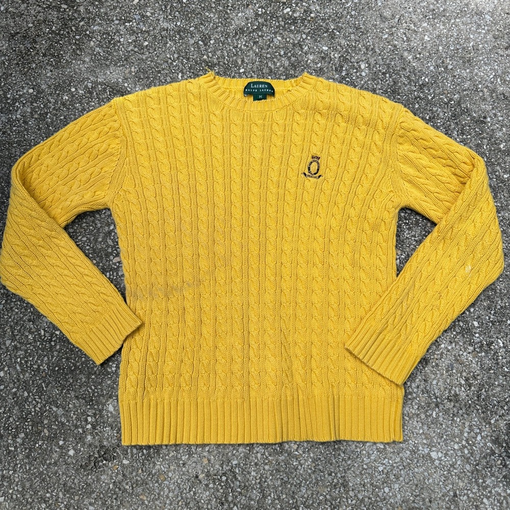 Vtg Lauren Ralph Lauren Yellow Cable Knit Cotton Crest Sweater Womens Medium